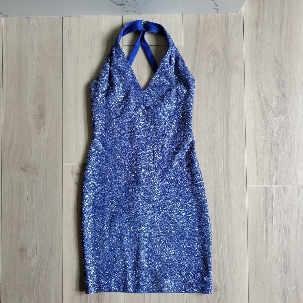 Alex Evenings Dress Womens 2P Blue Glitter Sparkly Halter Bodycon Mini VTG USA